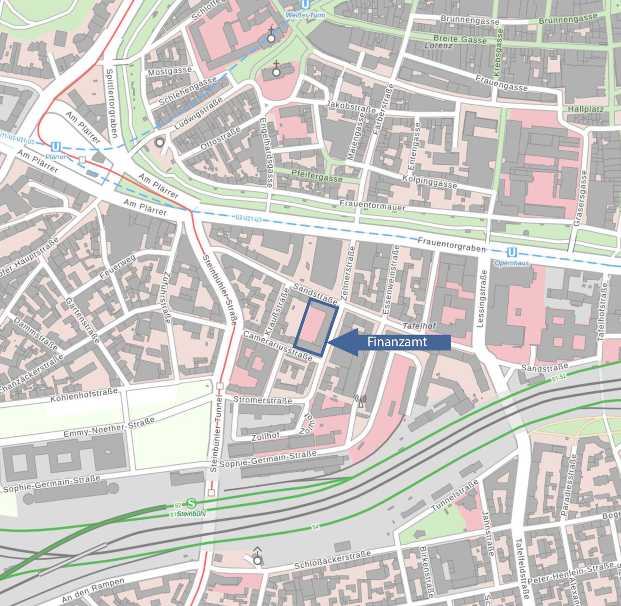  Lageplan Sandstraße mit Markierung des Finanzamts Nürnberg-Süd